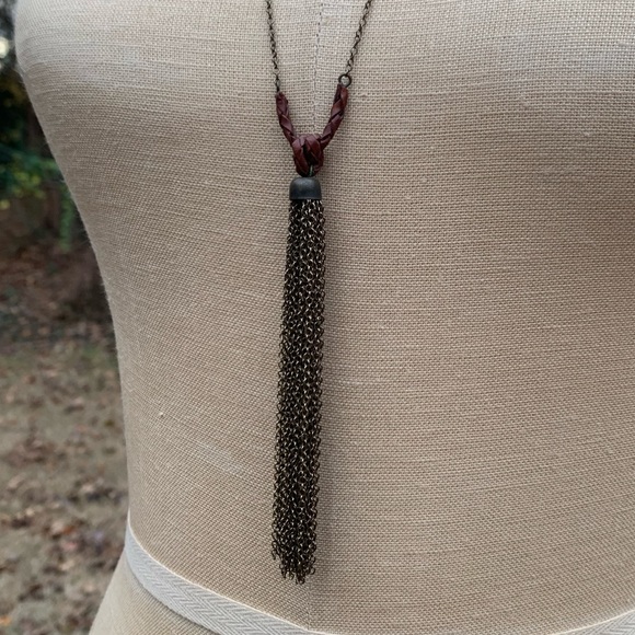 Braided Leather and Tassel Chain Pendant Necklace - Picture 2 of 6